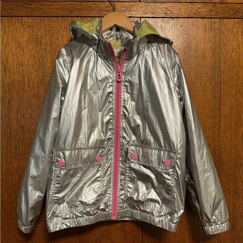 H&M Girls SILVER waterproof rain jacket windbreaker w/ removable hood 6x 7